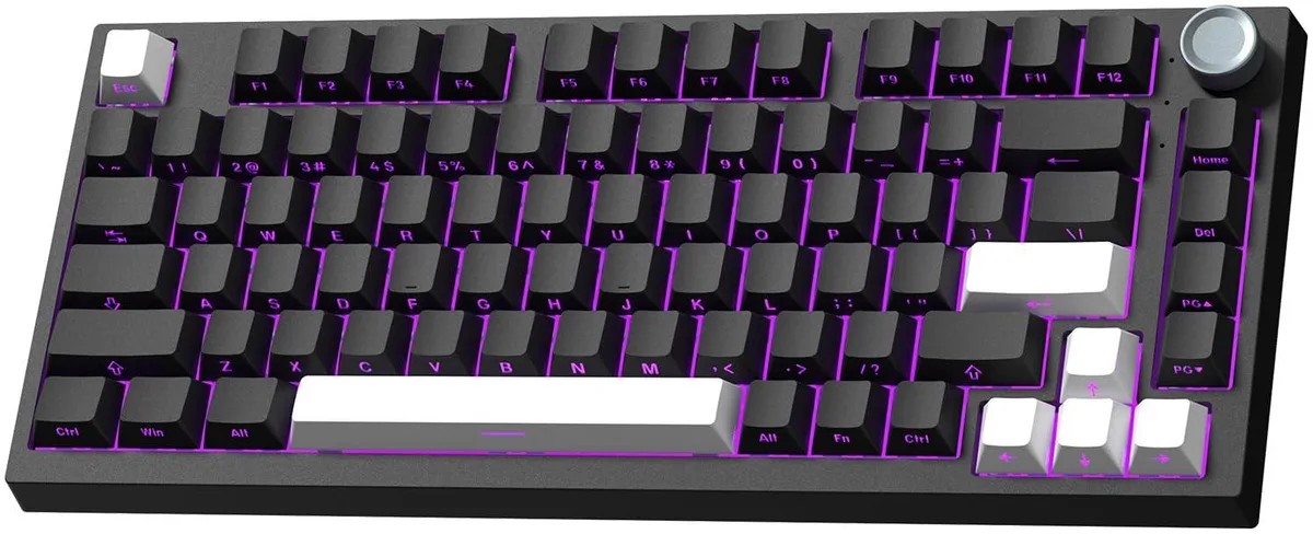 Compact 75% mechanical keyboard in black and white with side-printed PBT keycaps, a rotary knob and RGB backlighting