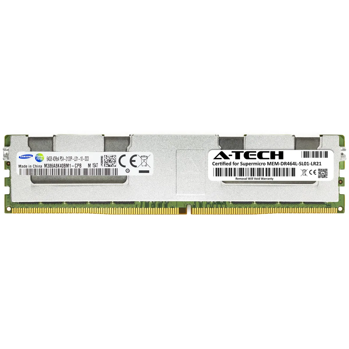 Green rectangular DDR4 LRDIMM module with black memory chips and gold edge connectors