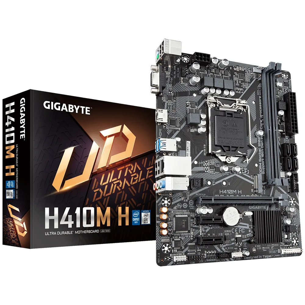 Micro ATX motherboard in dark finish with black PCB and silver heatsinks