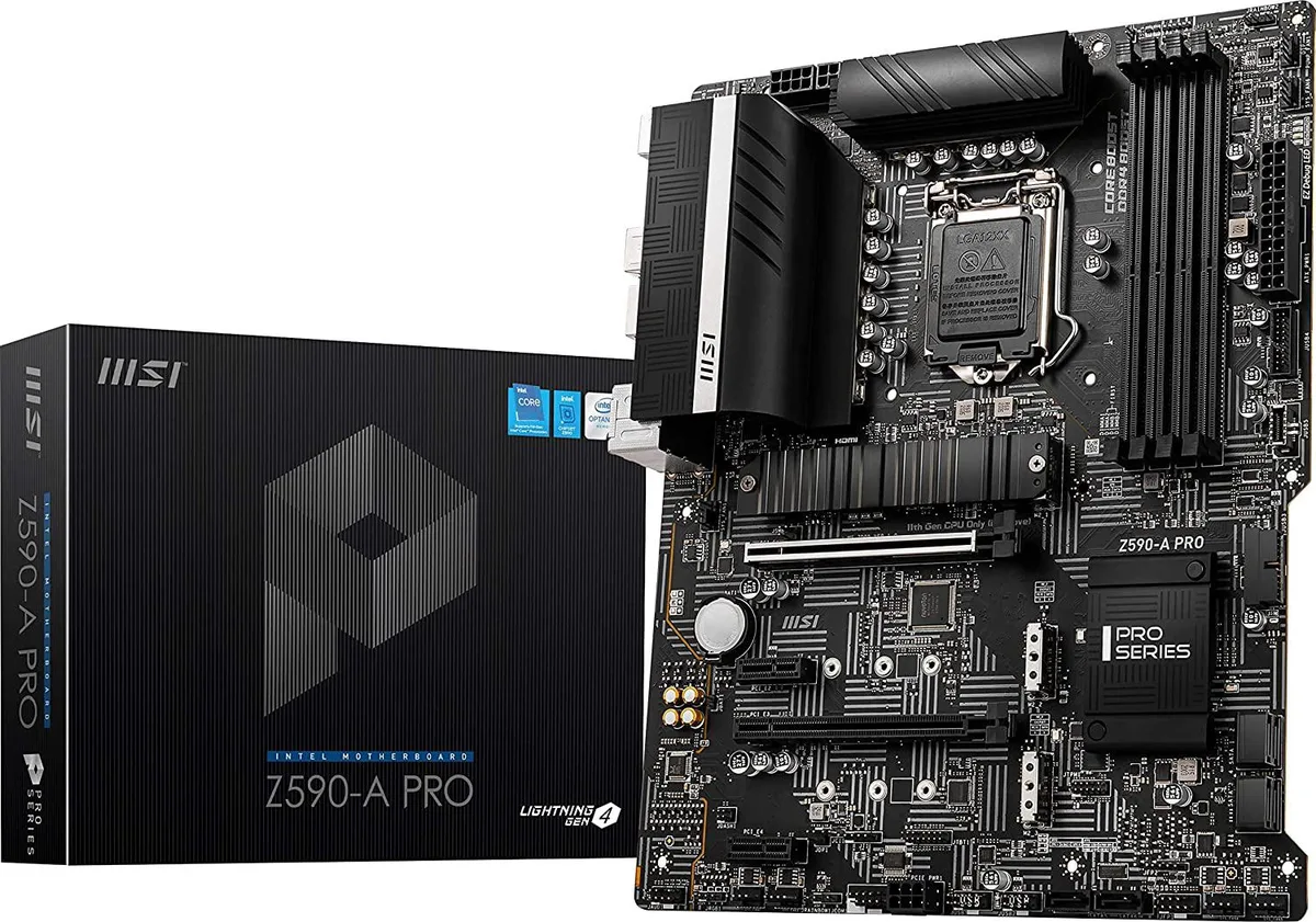 ATX motherboard in dark finish with silver heatsinks and three M.2 slots