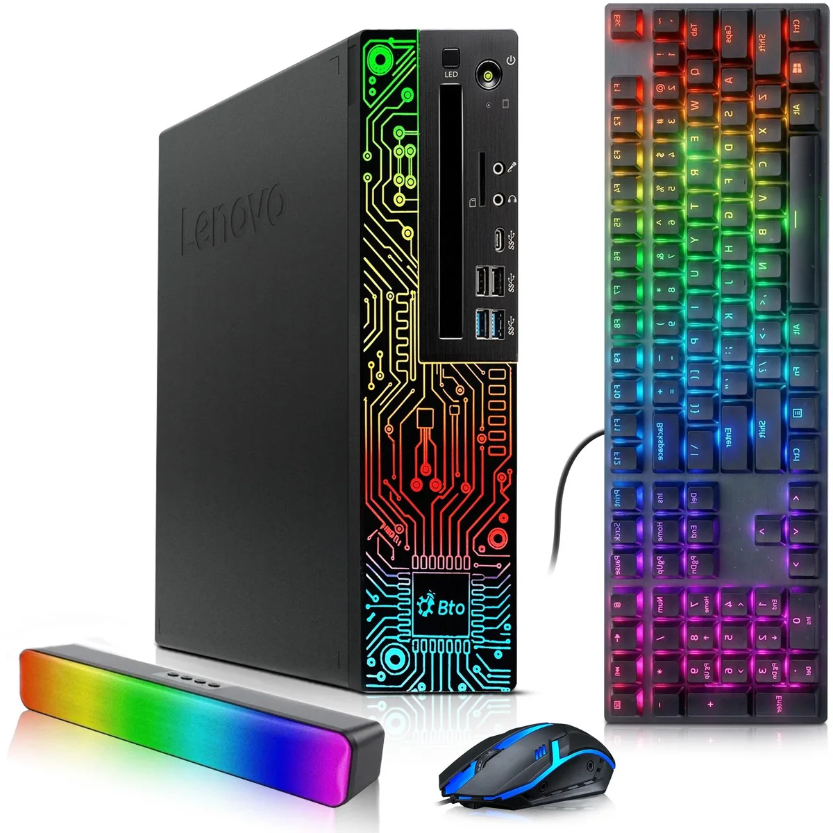 Small form factor desktop tower with RGB lighting, keyboard, mouse and sound bar