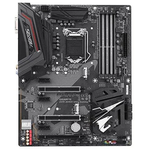 GIGABYTE Z370 AORUS ULTRA GAMING ATX motherboard with black PCB and RGB lighting