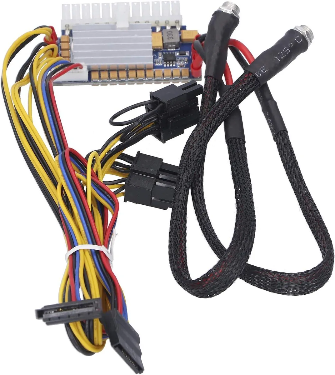 Green PCB adapter board with 24-pin ATX, CPU 4+4-pin, two SATA, graphics 2+6-pin and two DC5525 connectors, cables attached