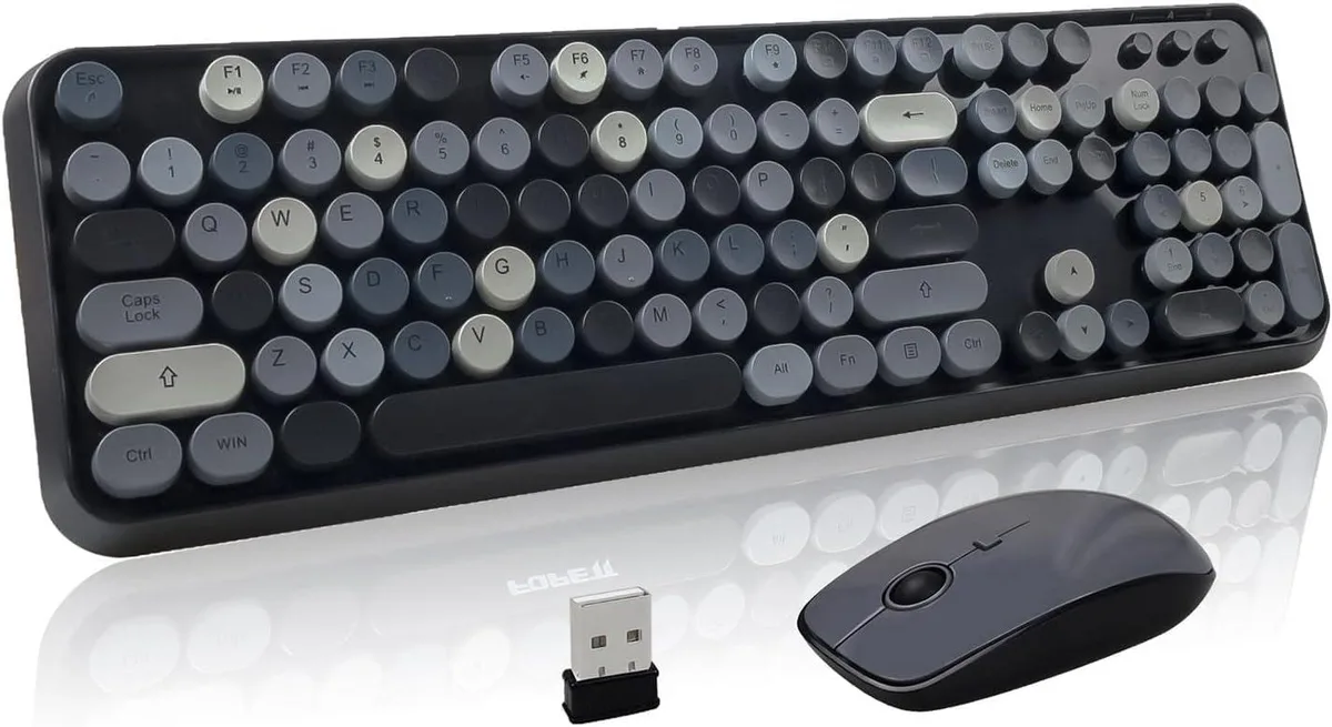 Black and grey gradient wireless keyboard with round retro keycaps and matching mouse