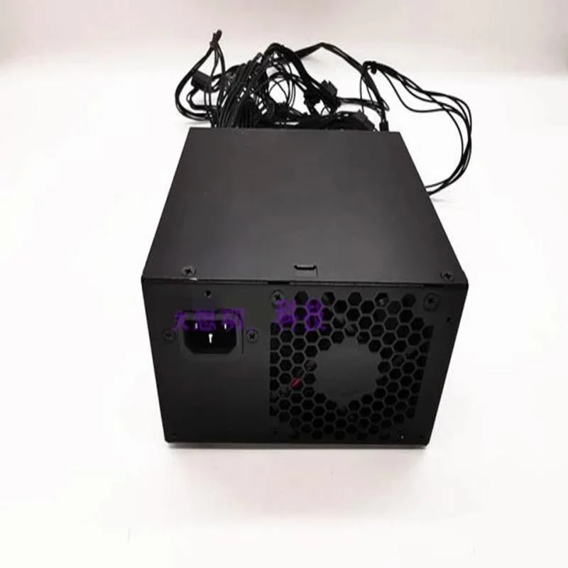 Rectangular ATX power supply unit with matte black finish and visible cooling fan grille