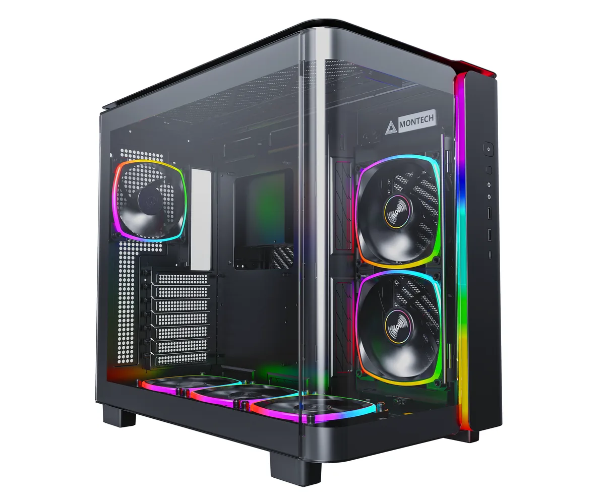 Black ATX mid-tower with curved tempered glass side panel, mesh front, and visible ARGB fans