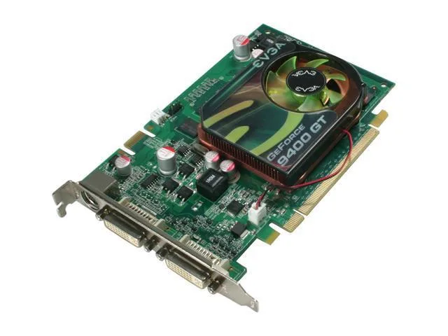 EVGA GeForce 9400 GT graphics card, dual DVI outputs, PCIe x16 slot