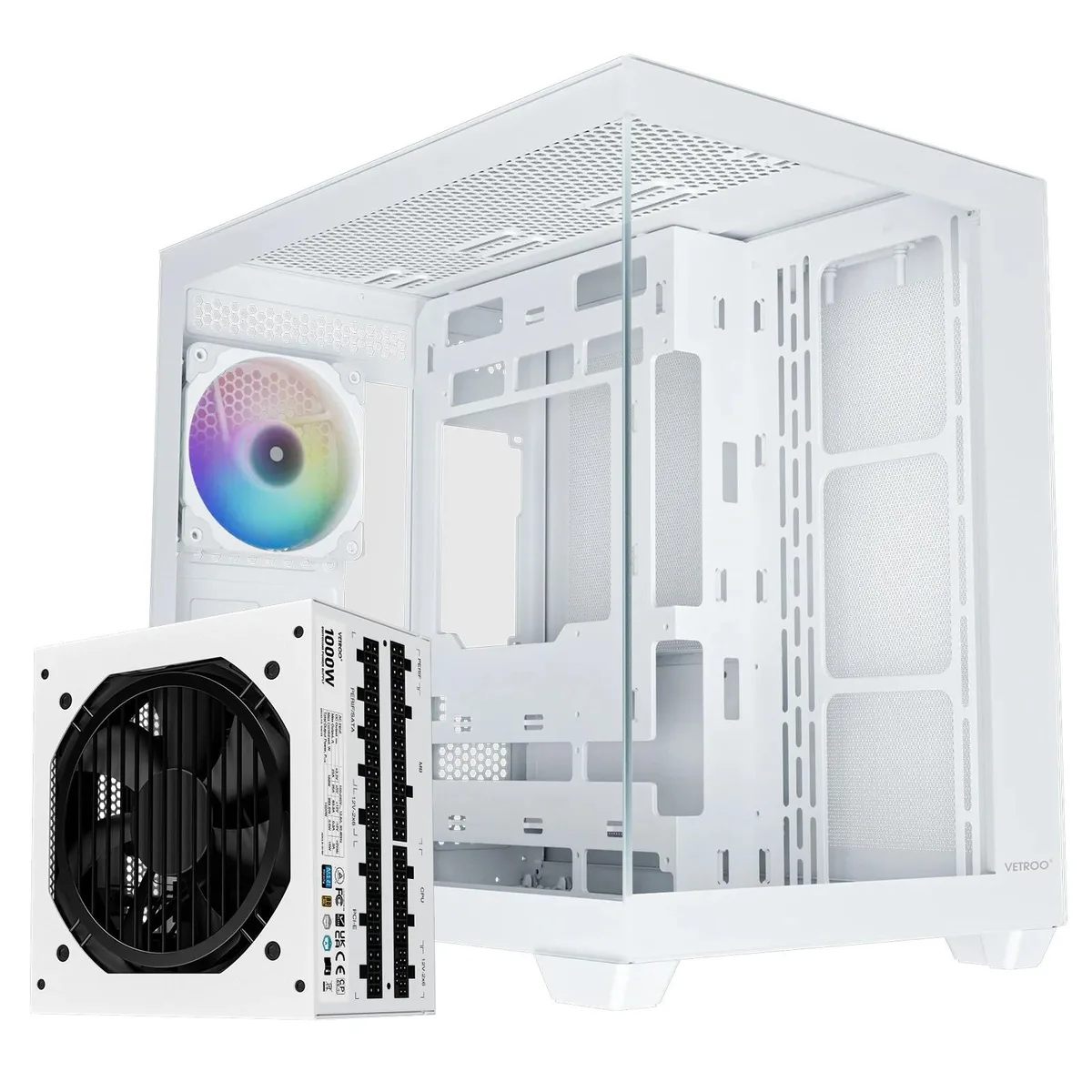 White ATX mid-tower case with 270° tempered glass panels, pre-installed ARGB fans and 1000W PSU