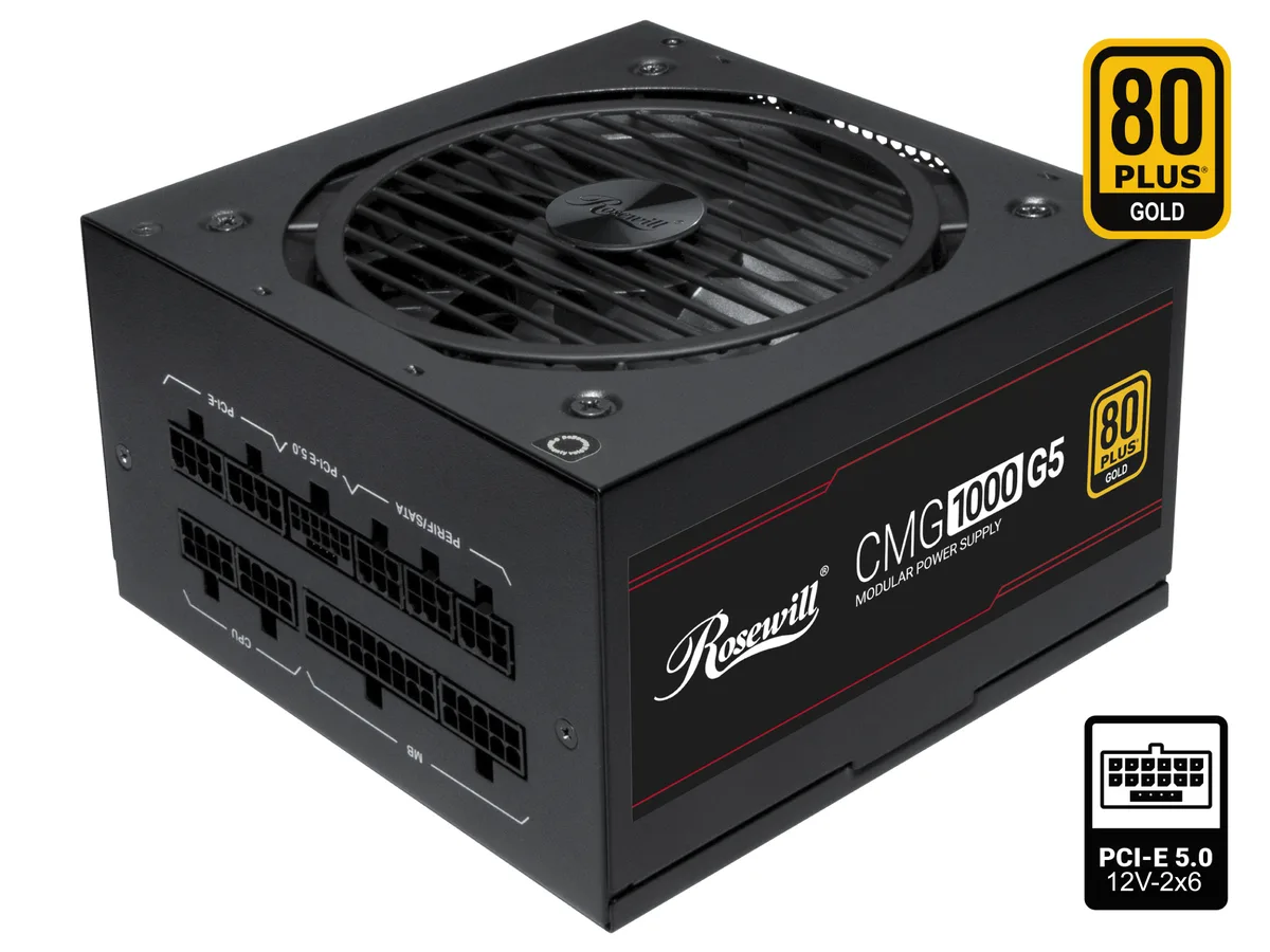 Rectangular black PSU with modular sockets and a 120mm fan grille
