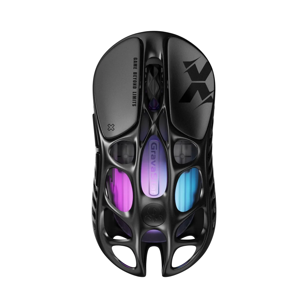 Ultra-light magnesium alloy gaming mouse with hollow skeletal frame in Galaxy Black finish