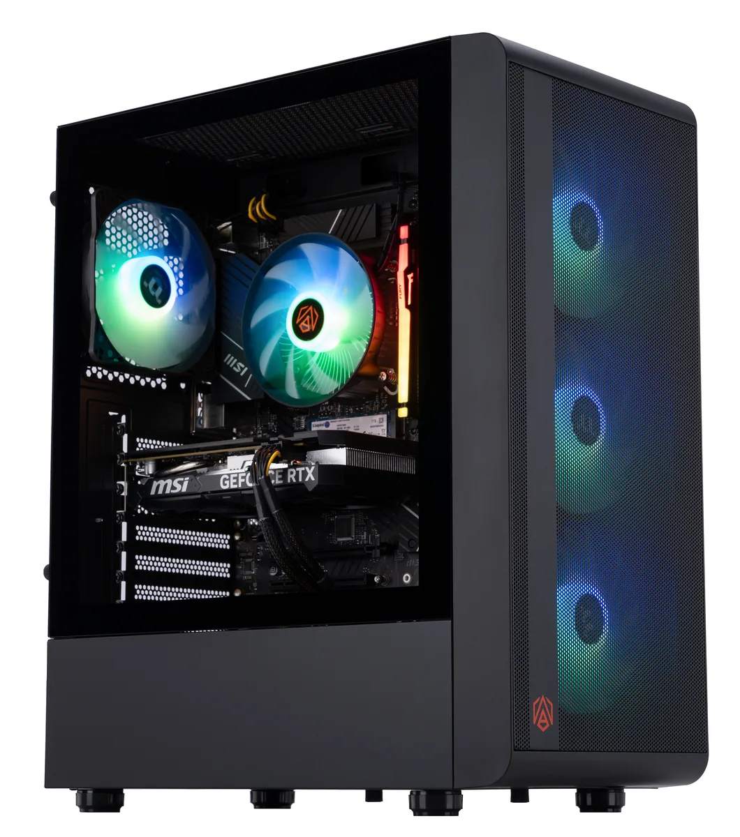 Black mid-tower gaming desktop with RGB lighting visible through side panel