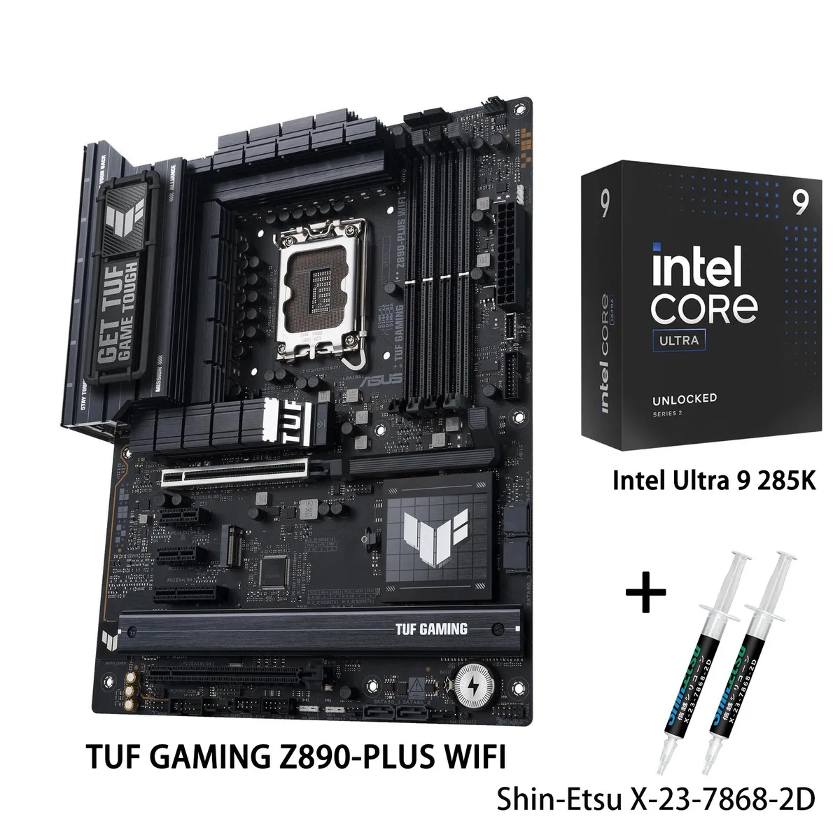 ATX motherboard in grey and yellow with large VRM heatsinks, CPU socket cover and bundled Core Ultra 9 285K processor