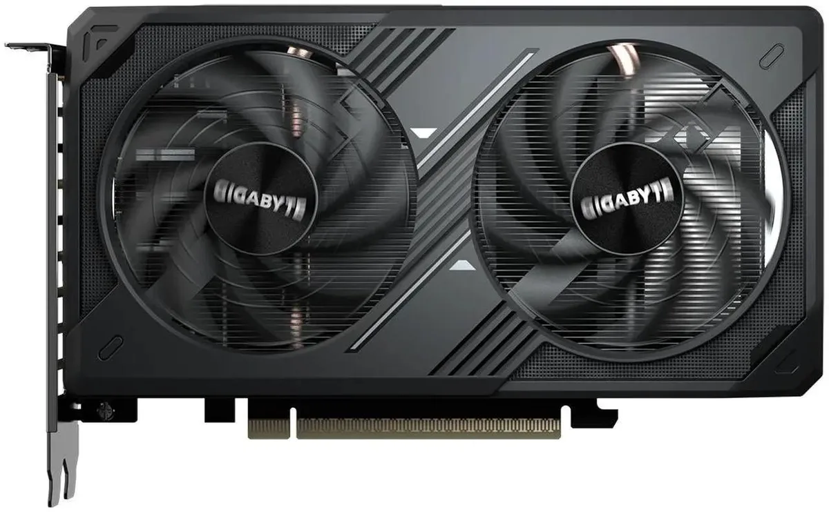 Black dual-fan ATX graphics card, 199 mm long, silver heatsink visible