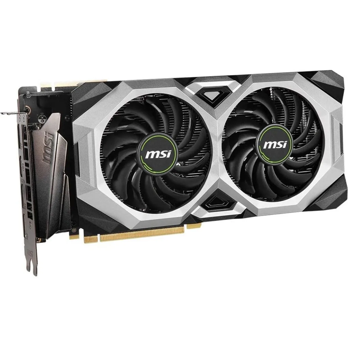 Black dual-fan graphics card with silver shroud, compact single-slot design