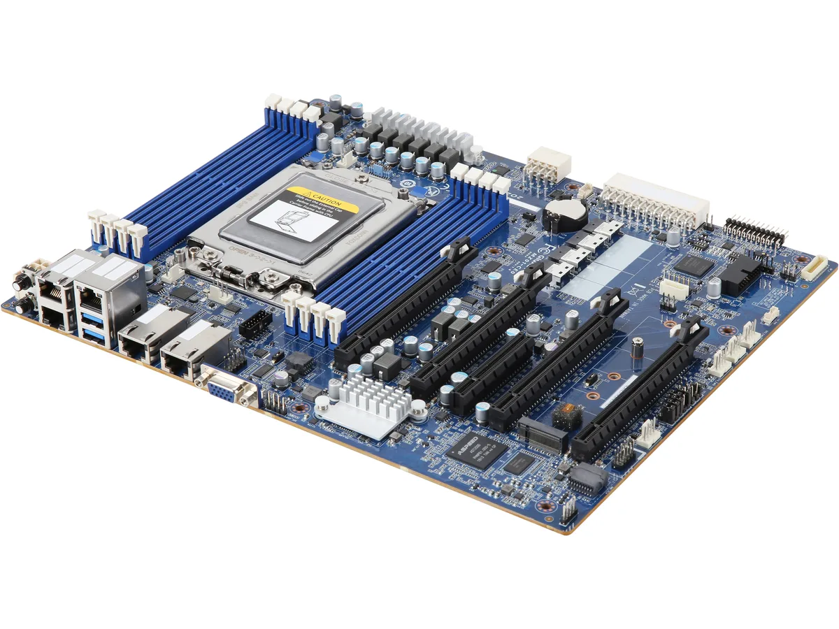 Green ATX server motherboard with silver CPU socket, eight black DIMM slots, multiple PCIe slots, four SlimSAS connectors