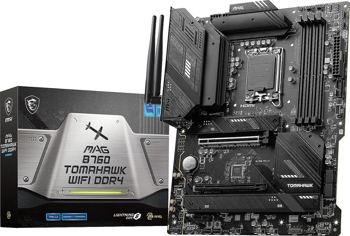 Black ATX motherboard with silver heatsinks and blue accents