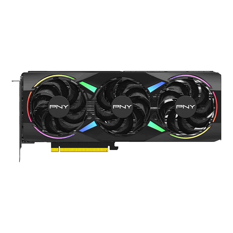 Black graphics card with triple fans and ARGB lighting, 300 mm long