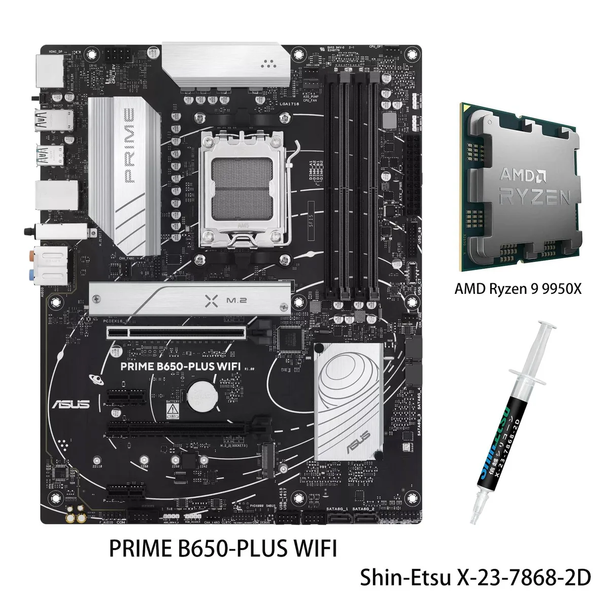 Black ATX motherboard with silver heatsinks and a boxed Ryzen 9 9950X CPU beside it