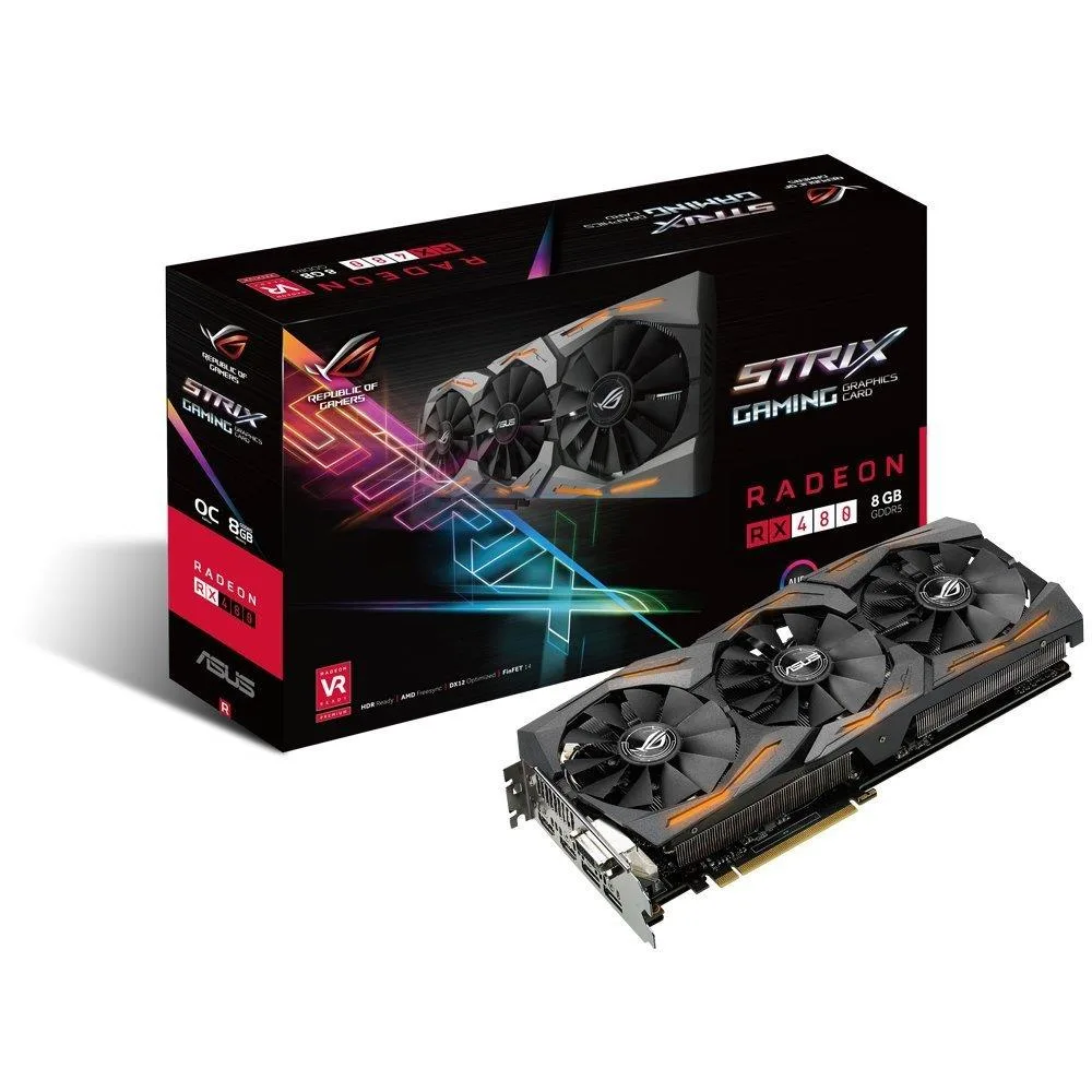 ASUS ROG Strix Radeon RX 480 8GB graphics card with triple-fan cooler and RGB lighting