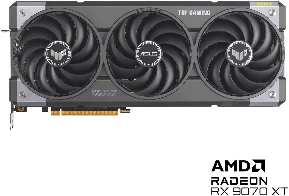 ASUS TUF Radeon RX 9070 XT graphics card with triple-fan cooler and metal backplate