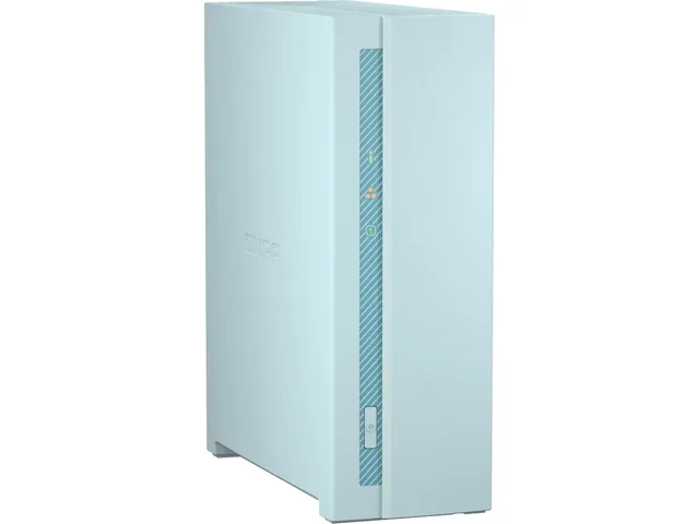 Compact silver rackmount NAS unit with front status LEDs and single drive bay visible