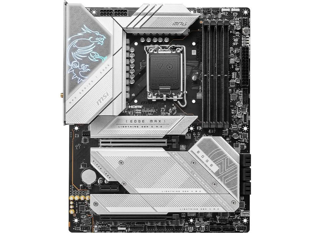 ATX motherboard dark finish silver heatsinks visible I/O shield