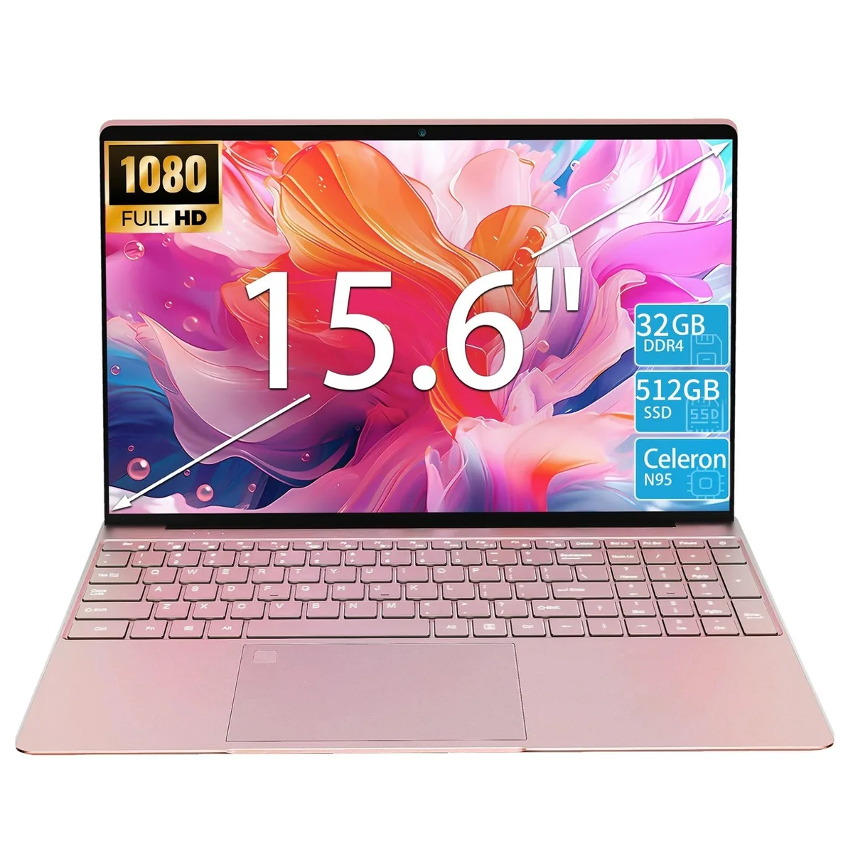 Rose Gold 15.6 inch laptop, slim IPS display, backlit keyboard, fingerprint reader, webcam