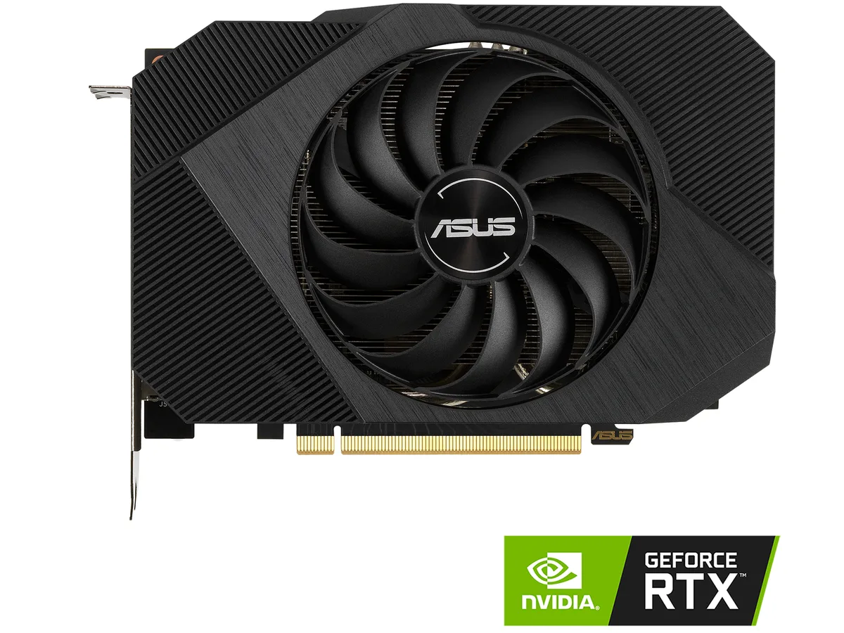Black single-fan graphics card with protective backplate, HDMI and DisplayPort outputs