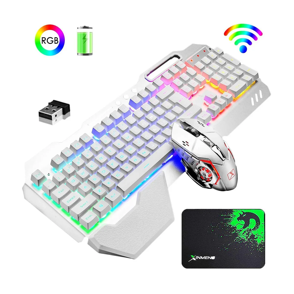 Silver wireless keyboard with brushed metal panel and black six-button mouse on matching pad