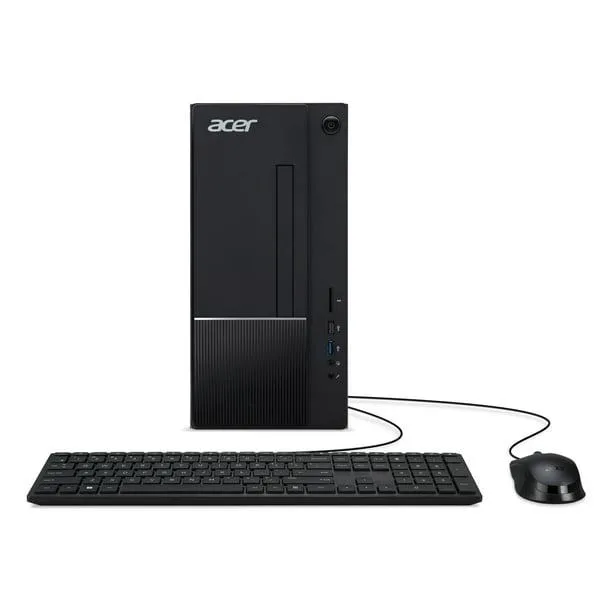 Black Acer Aspire desktop tower with keyboard and mouse