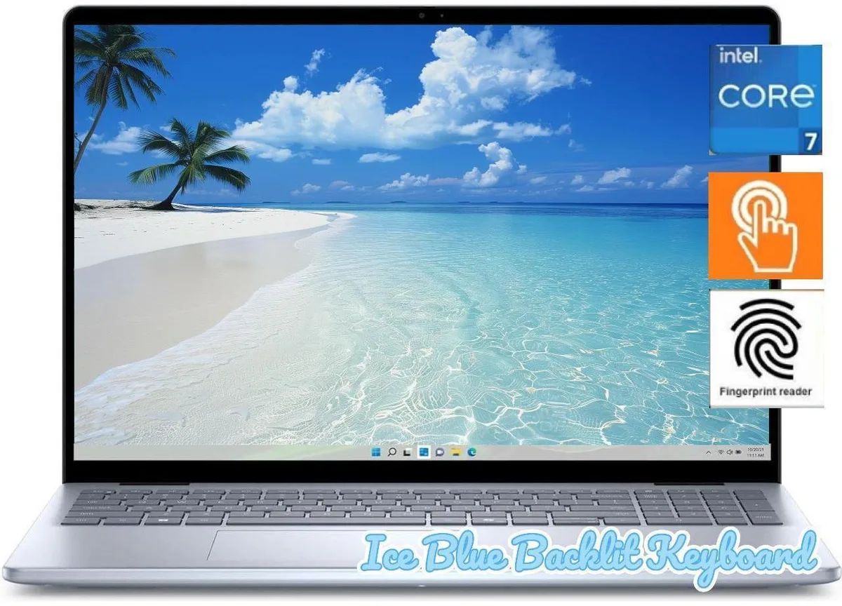 Ice Blue 16 inch Dell Inspiron laptop with touchscreen display and backlit keyboard
