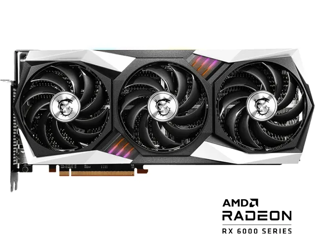 Triple-fan graphics card in dark grey and black finish
