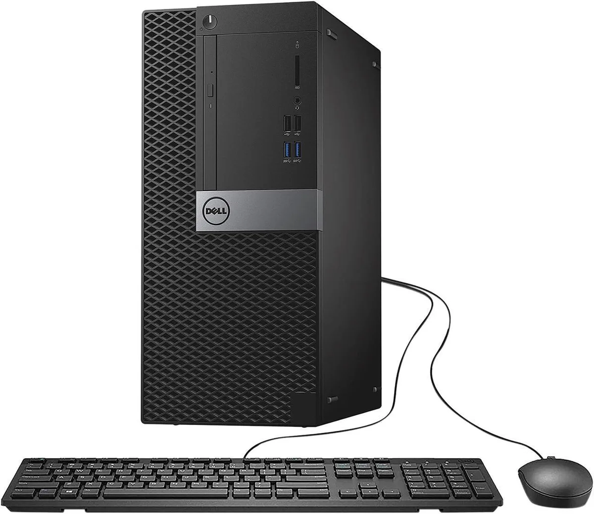 Black Dell OptiPlex 7040 mini tower desktop with included keyboard and mouse