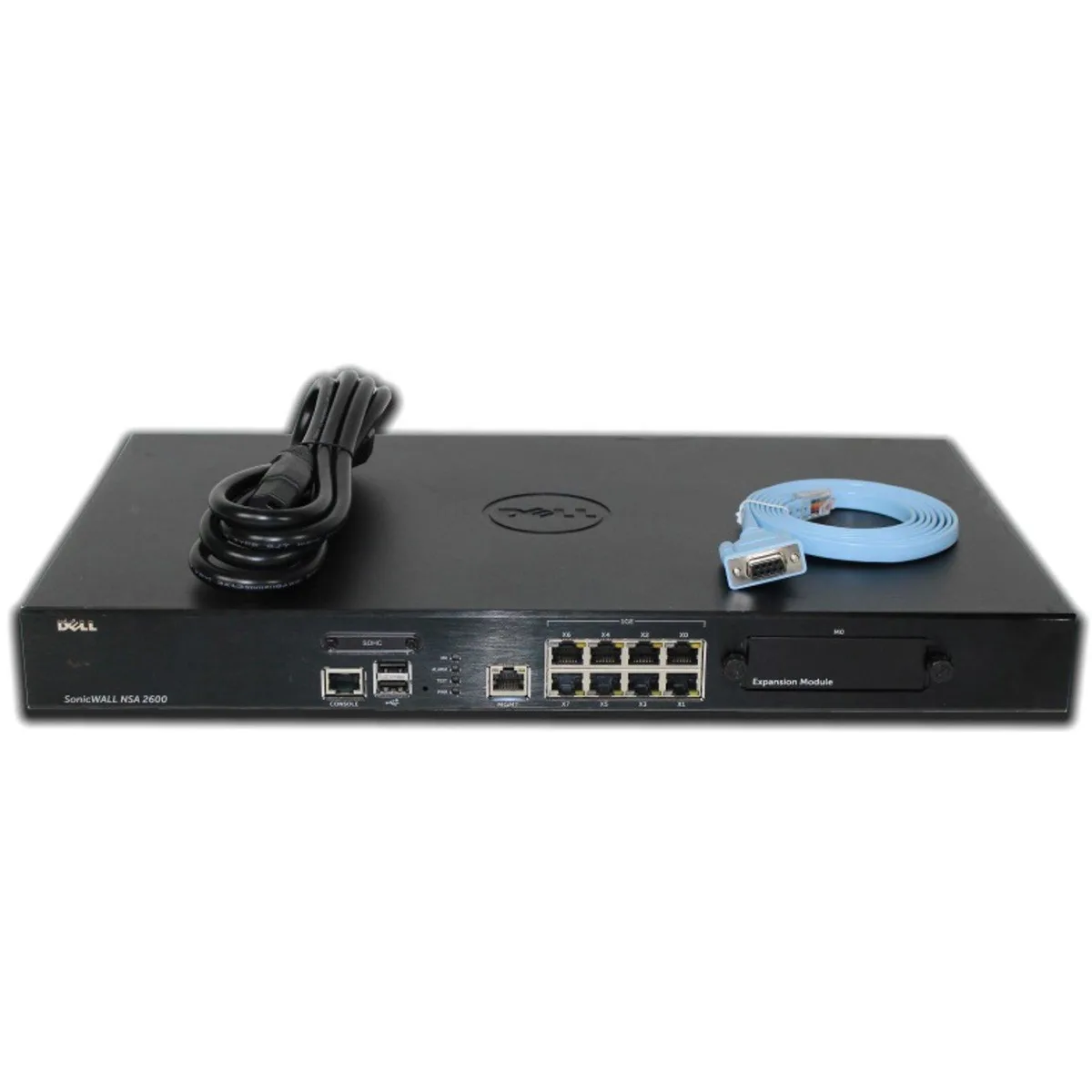 Silver 1U rack appliance front panel with eight RJ45 ports, two USB ports, management and console ports, expansion bay slot