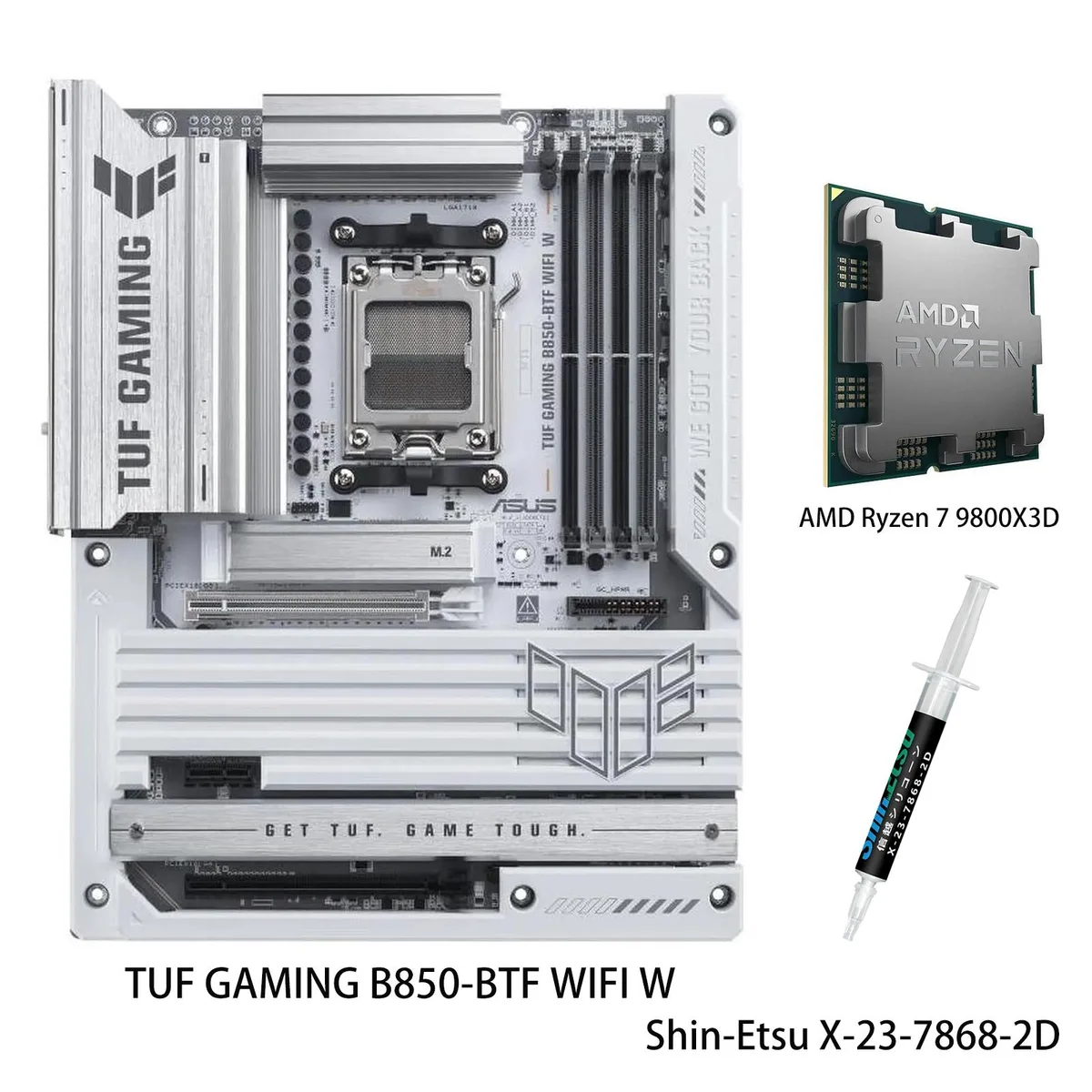 ATX motherboard with AM5 socket, large VRM heatsinks, three M.2 heatsinks, PCIe 5.0 slot