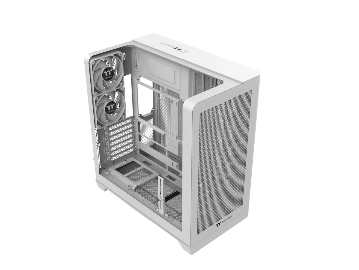 White mid-tower case with curved glass side panel and mesh front