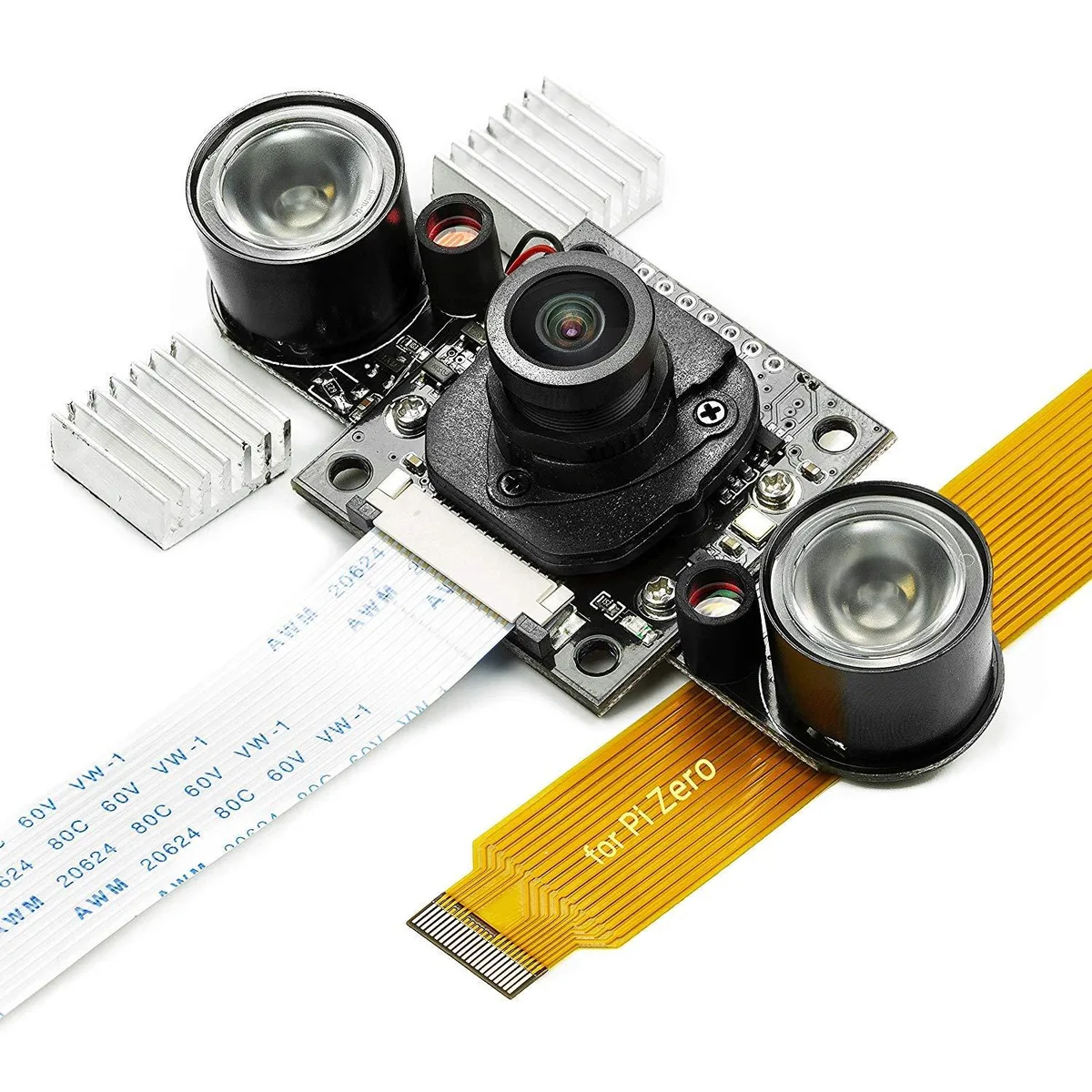 Small green circuit board camera module with silver lens and IR LEDs