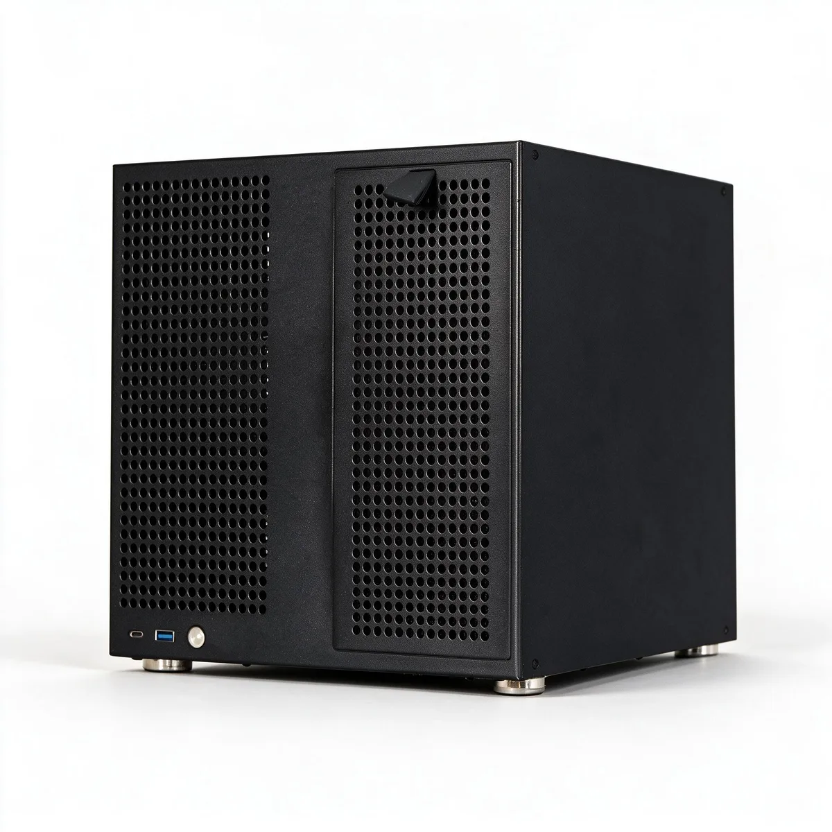 Black cube NAS case with eight front hot-swap 3.5-inch drive trays