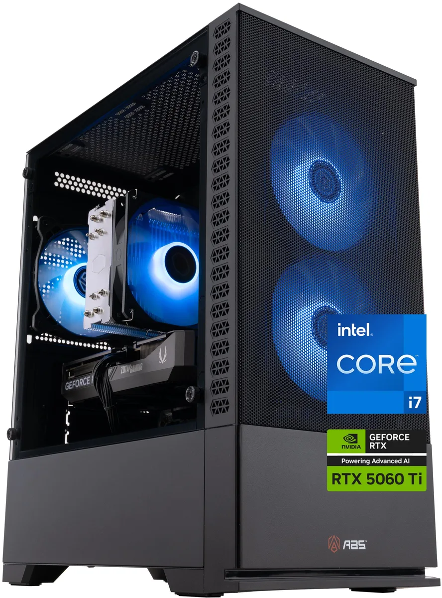 Black mid-tower gaming desktop with tempered glass side panel and RGB lighting visible inside