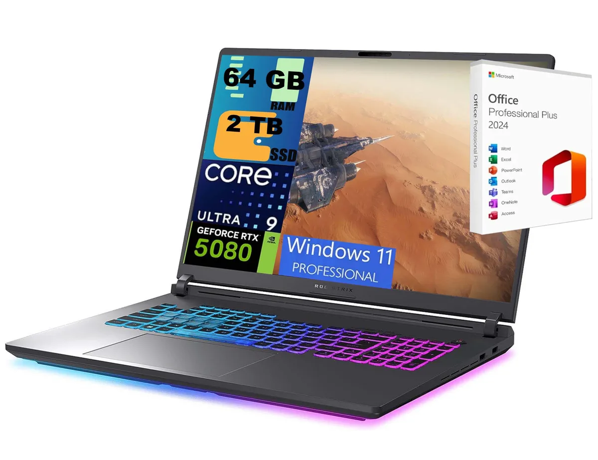 Black 18-inch gaming laptop with Mini LED display and per-key RGB keyboard