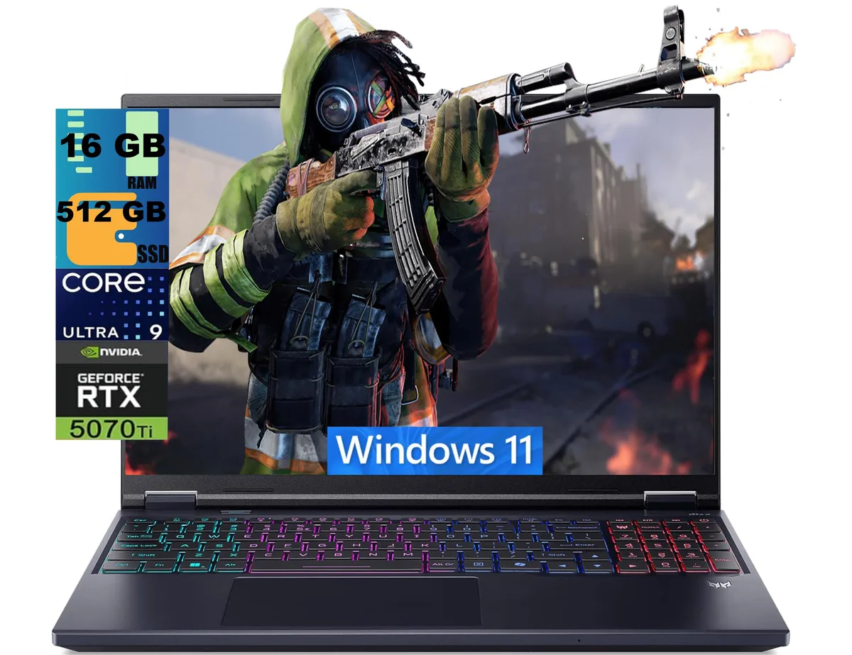 Black 16-inch gaming laptop, matte finish, RGB keyboard visible