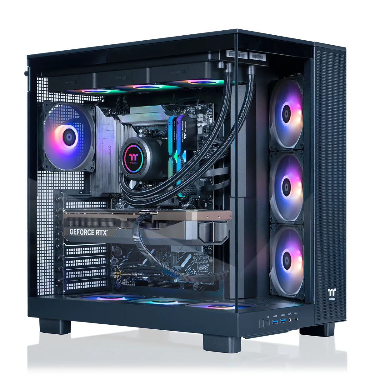 Black mid-tower gaming desktop with tempered glass side panel and ARGB liquid cooling visible inside
