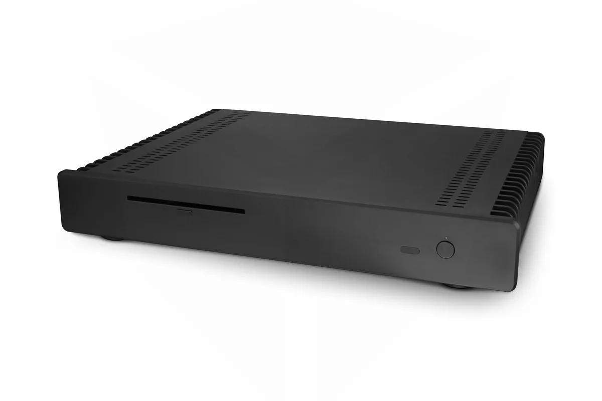 Silver aluminium fanless PC case, 55 mm thin with 10 mm CNC front panel