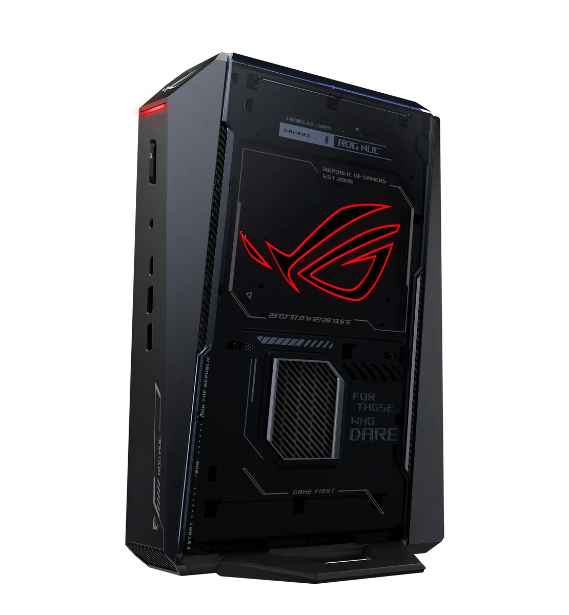 Compact black mini PC with ROG branding and ARGB lighting