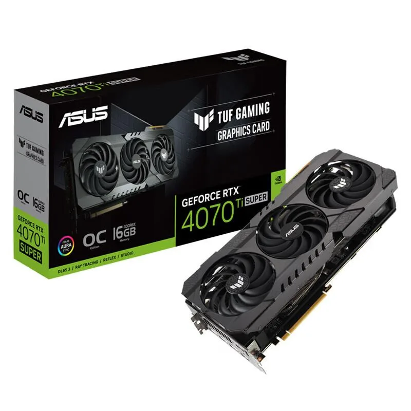 ASUS TUF Gaming RTX 4070 Ti SUPER OG graphics card with three axial-tech fans, brushed metal shroud and dual BIOS switch