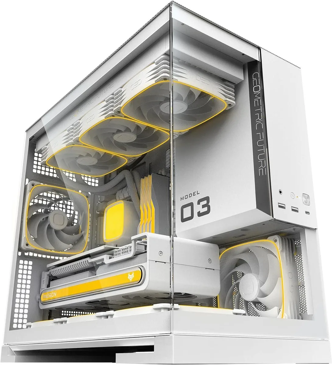 Geometric Future Geometric Future Model 3 White Micro-ATX PC Case 5×120mm 30mm PWM ARGB Fans USB Type-C 360mm Radiator — product photo