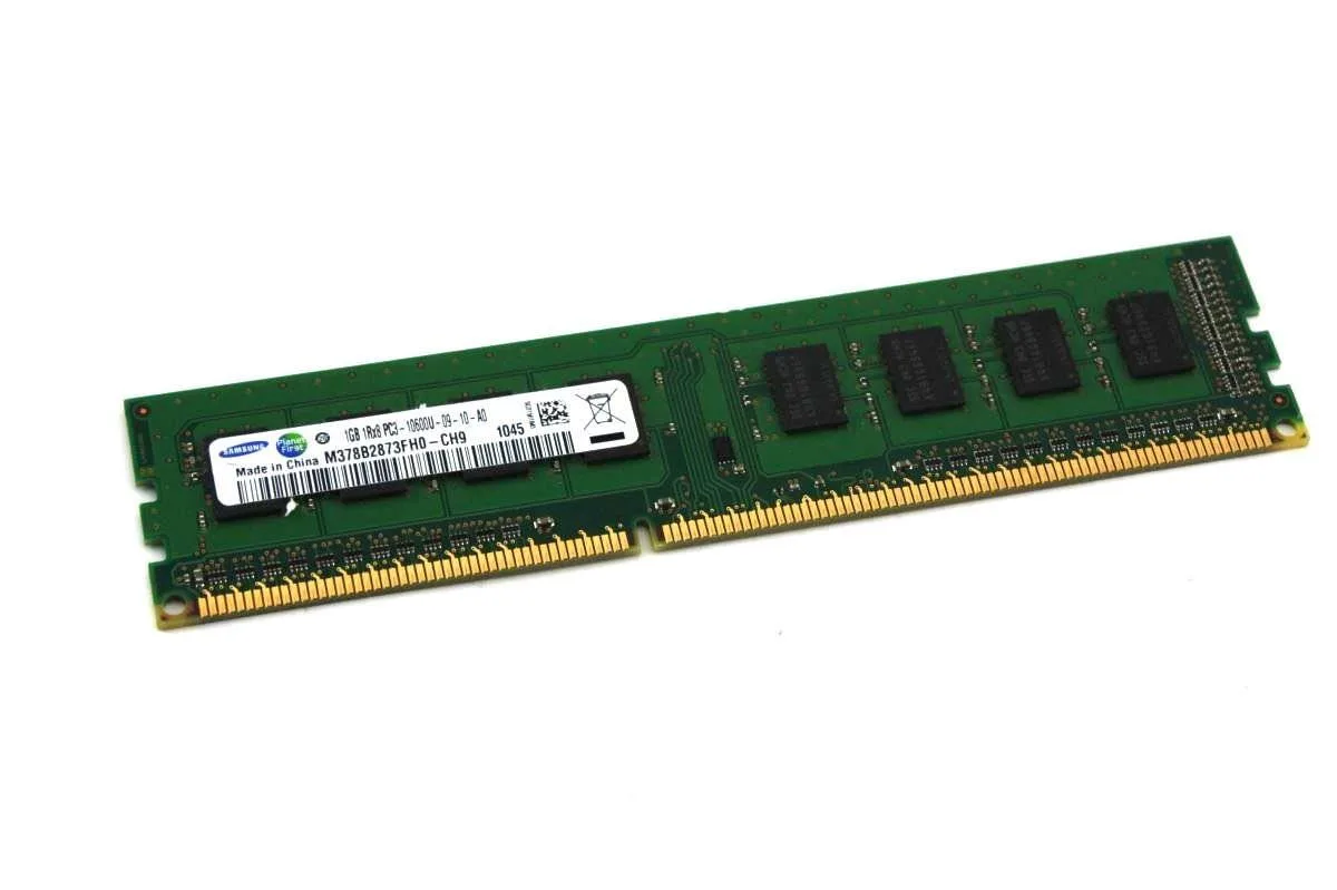 Green rectangular circuit board with black memory chips and gold edge connectors