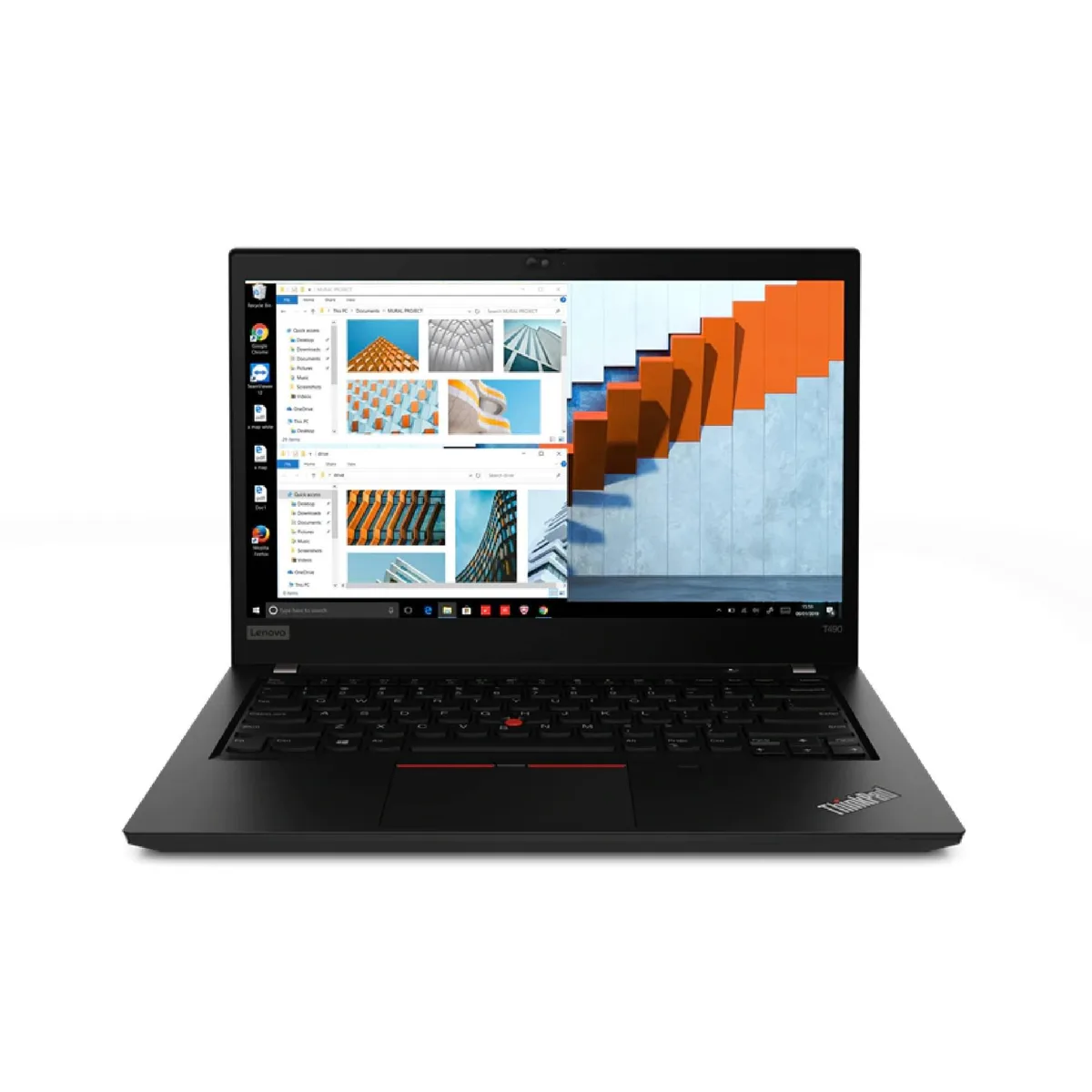Closed Lenovo ThinkPad T490 laptop, matte black finish, 14 inch screen
