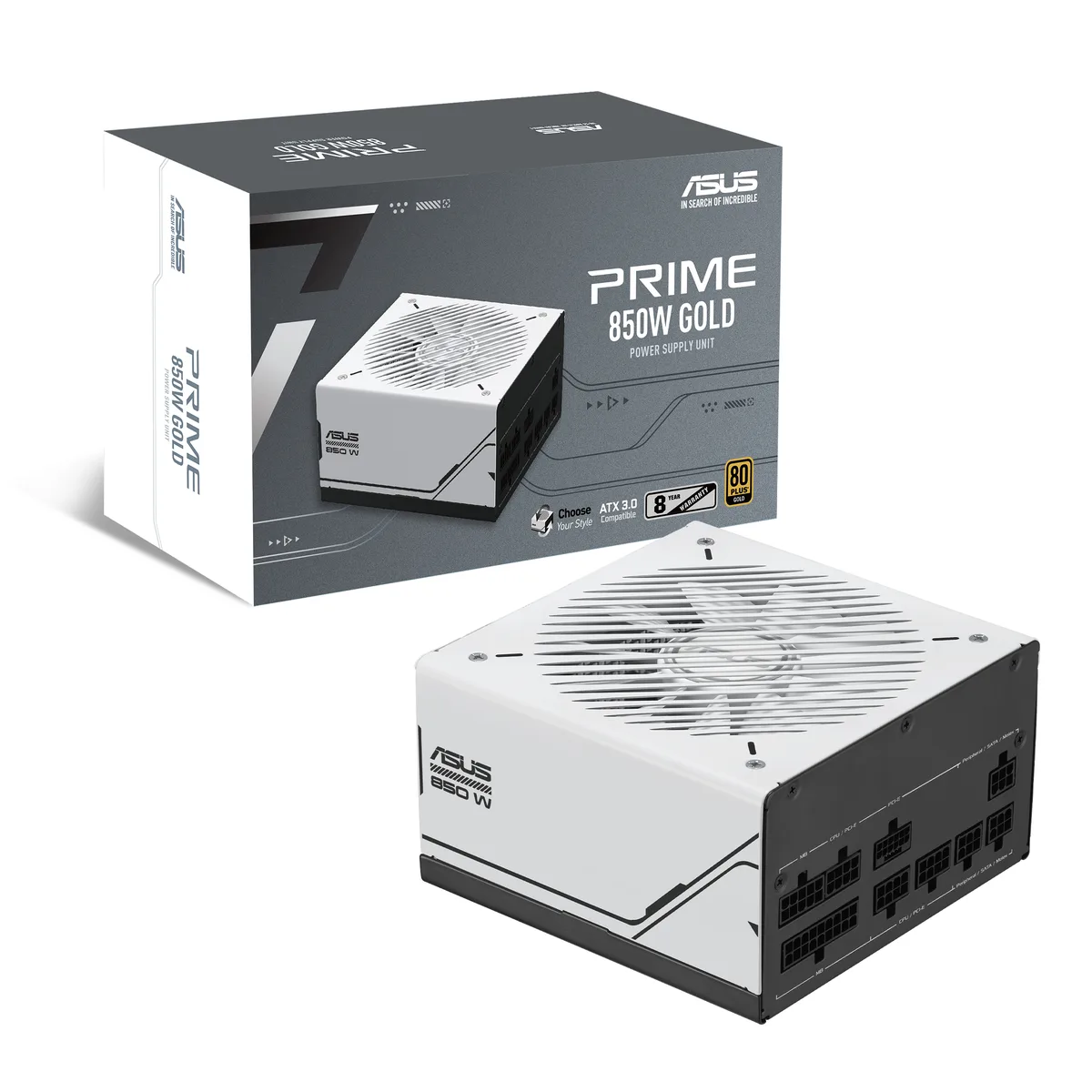 Rectangular black ATX power supply with 135 mm fan and modular cable sockets