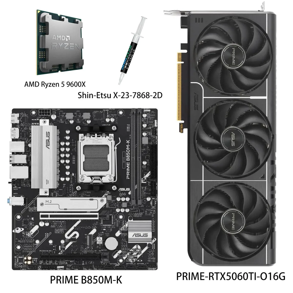 Black ASUS PRIME GeForce RTX 5060 Ti 16GB graphics card, dual-slot PCIe 5.0 x8 design with matte finish